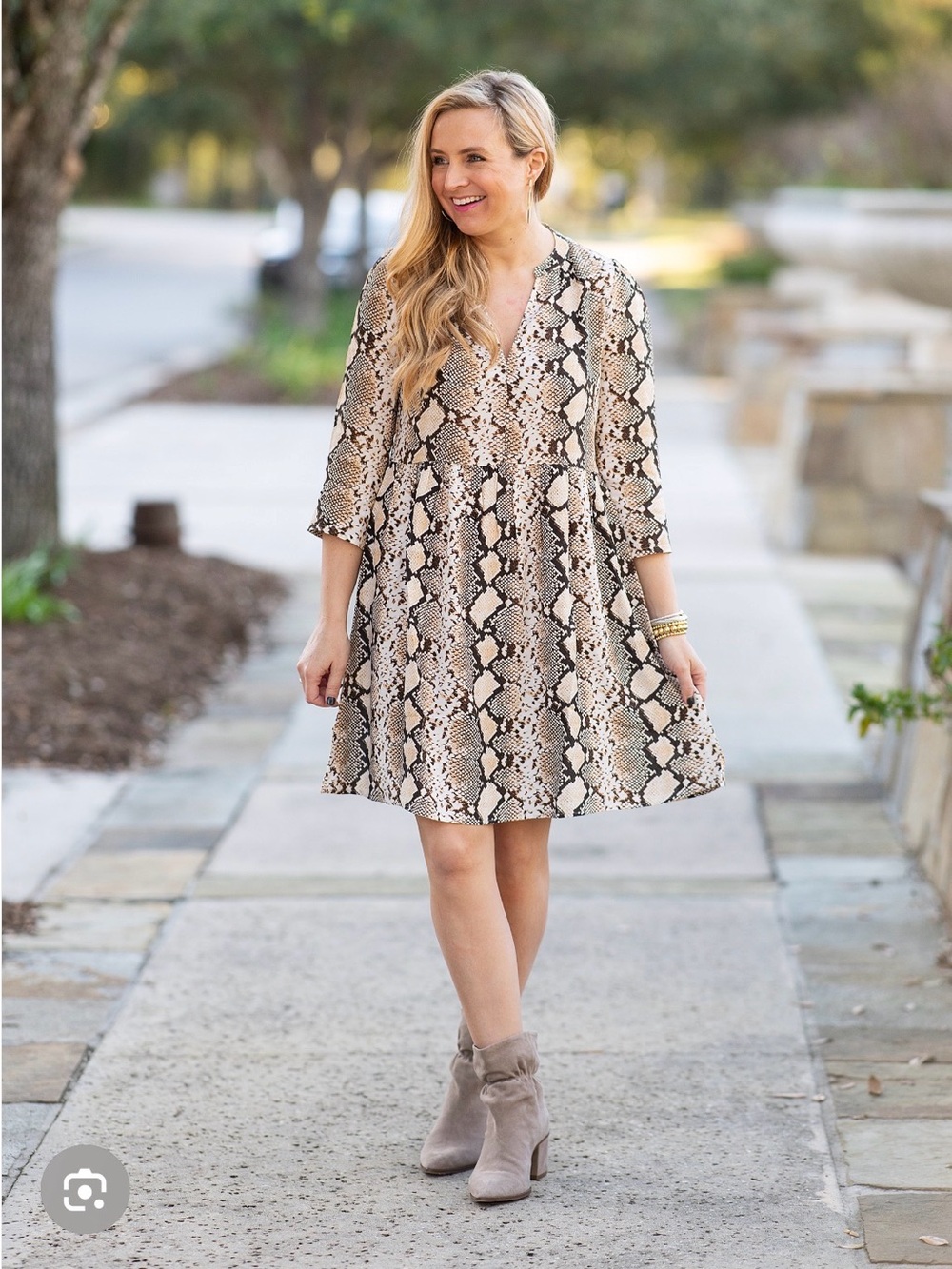 Maeve Beige and Cream Snake-Print V-Neck Mini Dress